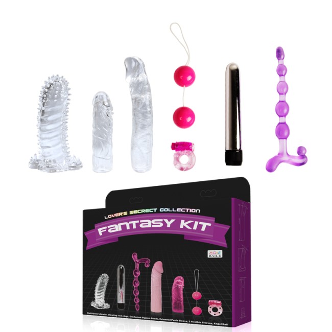 "Набор FANTASY KIT: вибромассажер+насадки+вагинальные шарики+ анальная цепочка+эрекционное кольцо с вибратором , c вибрацией, длина 17.00см, диаметр 2.50см"