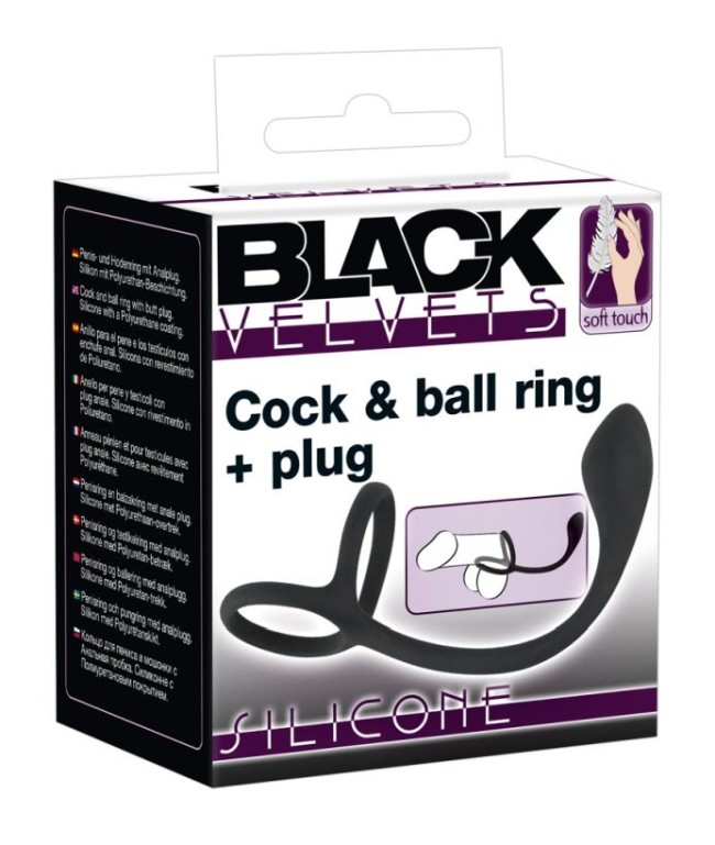 Эрекционное кольцо с утяжкой на мошонку + анальный плаг Black Velvets Cock & Ball Ring + Plug , длина 22.50см, диаметр 0.80см