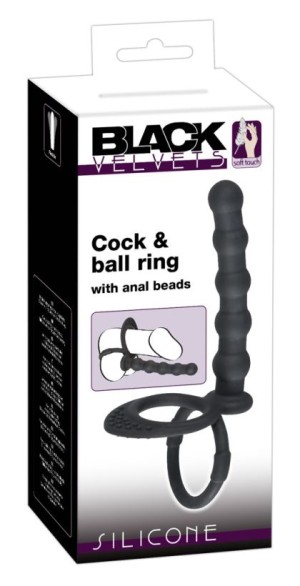 Ребристая насадка для двойного проникновения с подхватом мошонки Black Velvets Cock & Ball ring , длина 13.50см, диаметр 2.00см