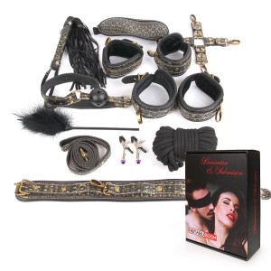КОМПЛЕКТ (наручники, оковы, ошейник с поводком, верёвка, фиксатор, плётка, кляп, маска, зажимы для сосков, щекоталка) золото арт. NTB-80469