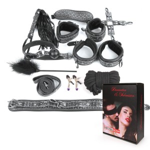 КОМПЛЕКТ (наручники, оковы, ошейник с поводком, верёвка, фиксатор, плётка, кляп, маска, зажимы для сосков, щекоталка) серебро арт. NTB-80470