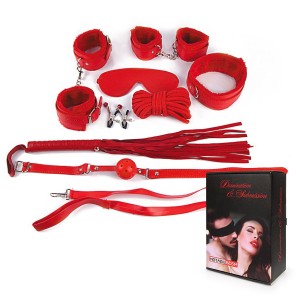КОМПЛЕКТ (наручники, оковы, маска, кляп, плеть, ошейник с поводком, верёвка, зажимы для сосков) цвет красный, PVC, текстиль арт. NTB-80331