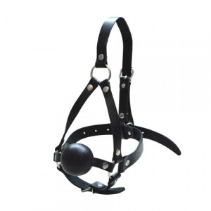 Кляп-шар черный с фиксацией-сбруей на голову , длина 0.00см, диаметр 5.00см